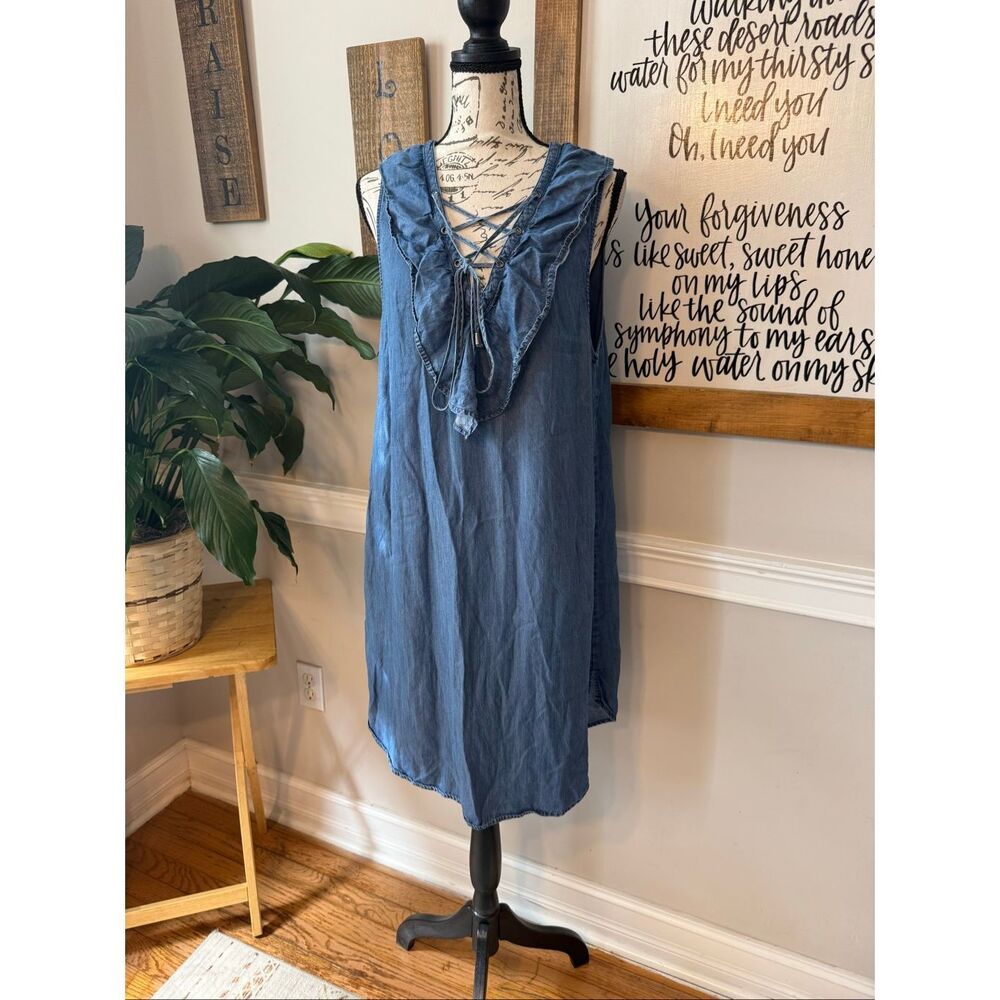 Ethereal Women's Chambray Frill Neck Ruffle Trim Lace Up Mini Dress Blue Large